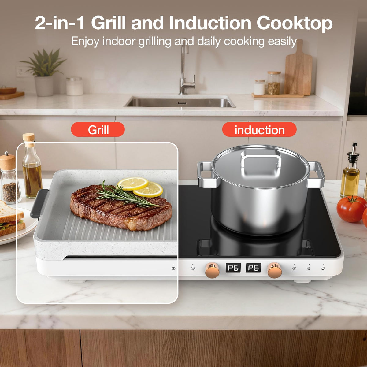 VBGK 2 Burner Induction Cooktop 18 Inch, 1800W 110V Portable Electric Stove with Removable Cast Iron Griddle for Indoor Grilling & Cooking