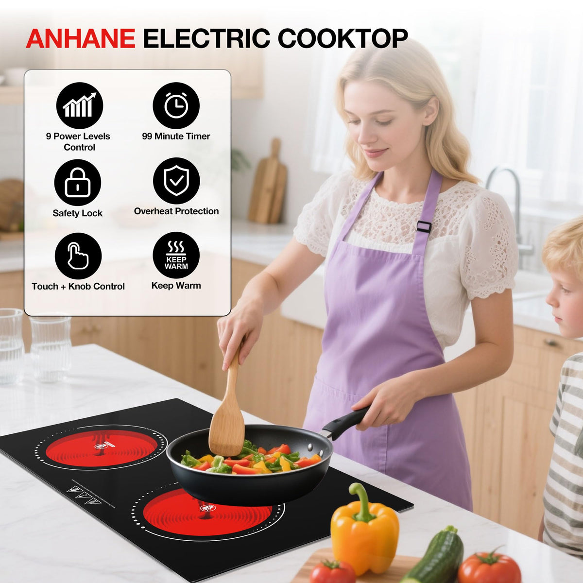 VBGK Electric Cooktop 4000W, 24 Inch Countertop Stove Top with 9 Power Levels & Keep Warm Mode for Apartment, Dorm & Small Kitchen