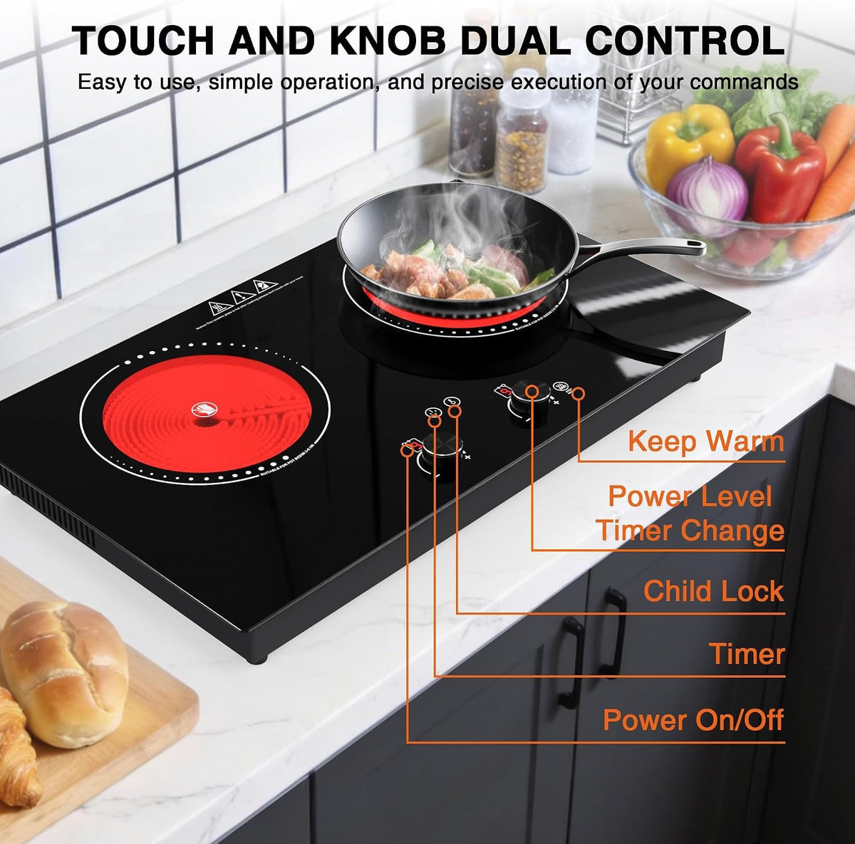 VBGK Electric Cooktop 4000W, 24 Inch Countertop Stove Top with 9 Power Levels & Keep Warm Mode for Apartment, Dorm & Small Kitchen