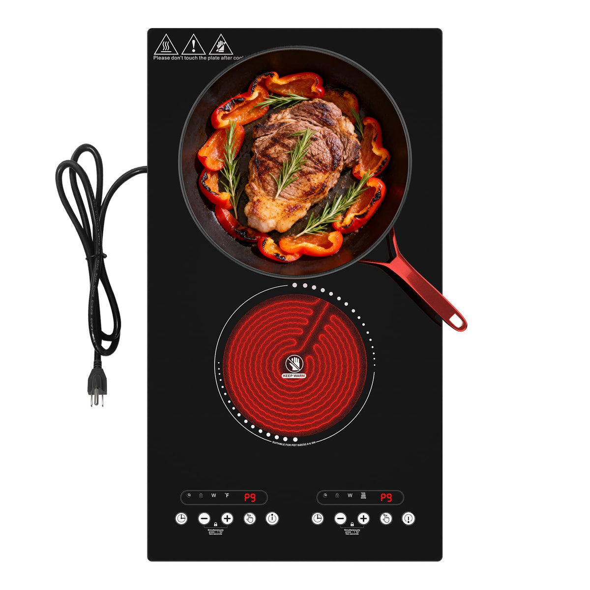 VBGK 12 Inch 2 Burner Electric Cooktop, Plug-in Electric Stove Top with Easy Control for Home Kitchen Cooking