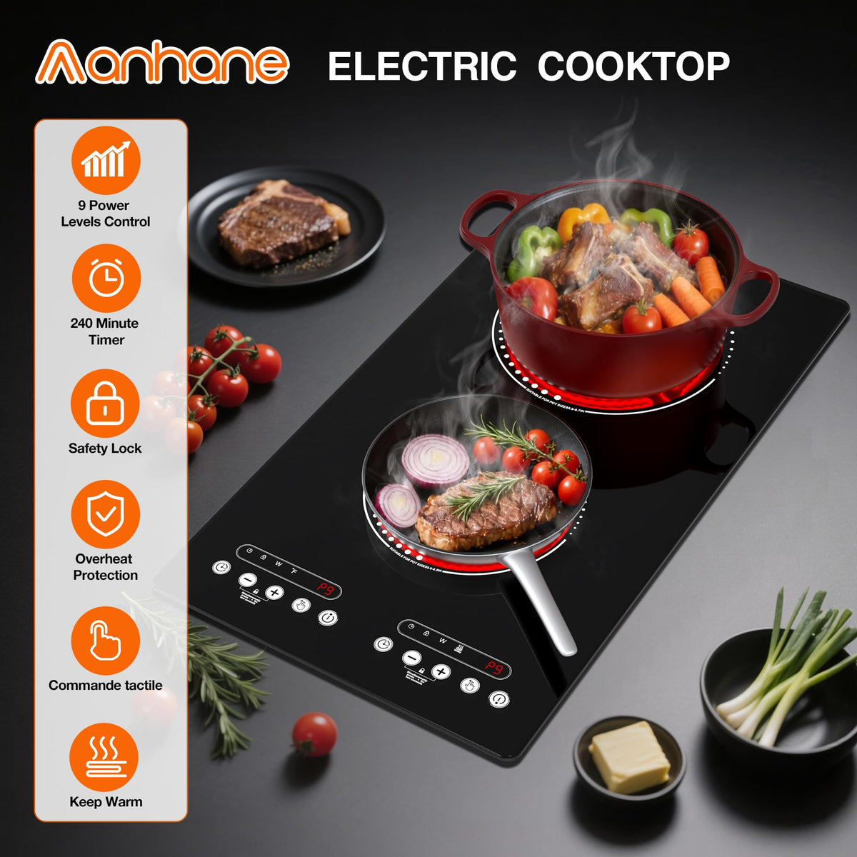 VBGK 12 Inch 2 Burner Electric Cooktop, Plug-in Electric Stove Top with Easy Control for Home Kitchen Cooking
