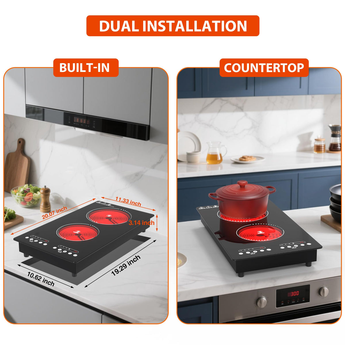 VBGK 12 Inch 2 Burner Electric Cooktop, Plug-in Electric Stove Top with Easy Control for Home Kitchen Cooking