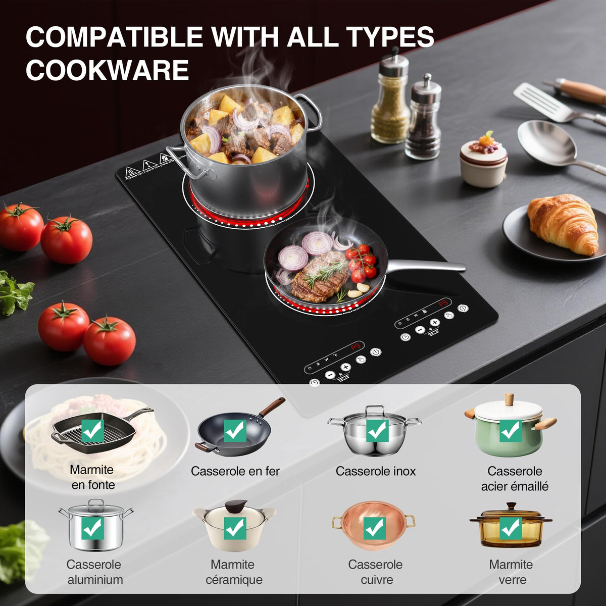 VBGK 12 Inch 2 Burner Electric Cooktop, Plug-in Electric Stove Top with Easy Control for Home Kitchen Cooking