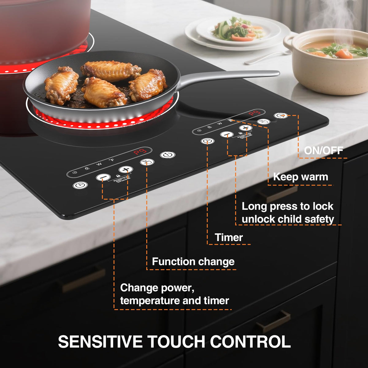 VBGK 12 Inch 2 Burner Electric Cooktop, Plug-in Electric Stove Top with Easy Control for Home Kitchen Cooking