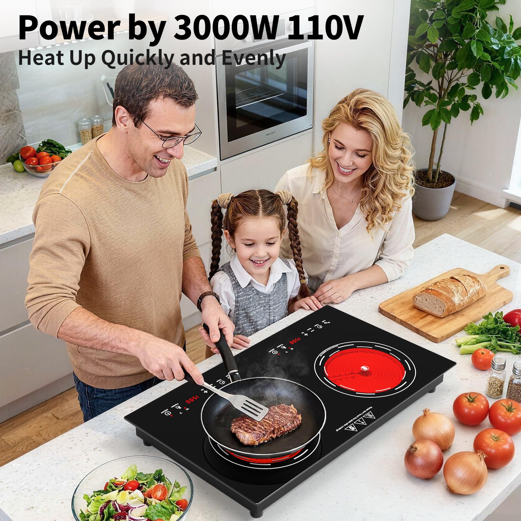 VBGK 24 Inch Electric Cooktop 110V 3000W 2 Burner Stove Top with Dual Heating Zones for Home Kitchen
