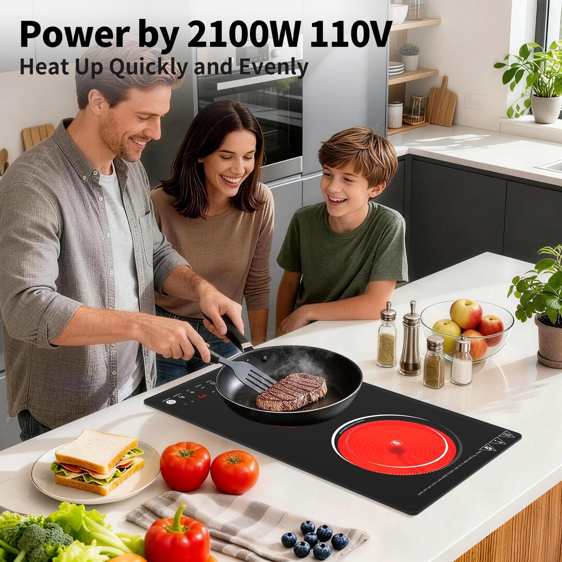 VBGK Electric Cooktop,110V 2100W Electric Stove Top,12 Inch 2 Burner Cooktop