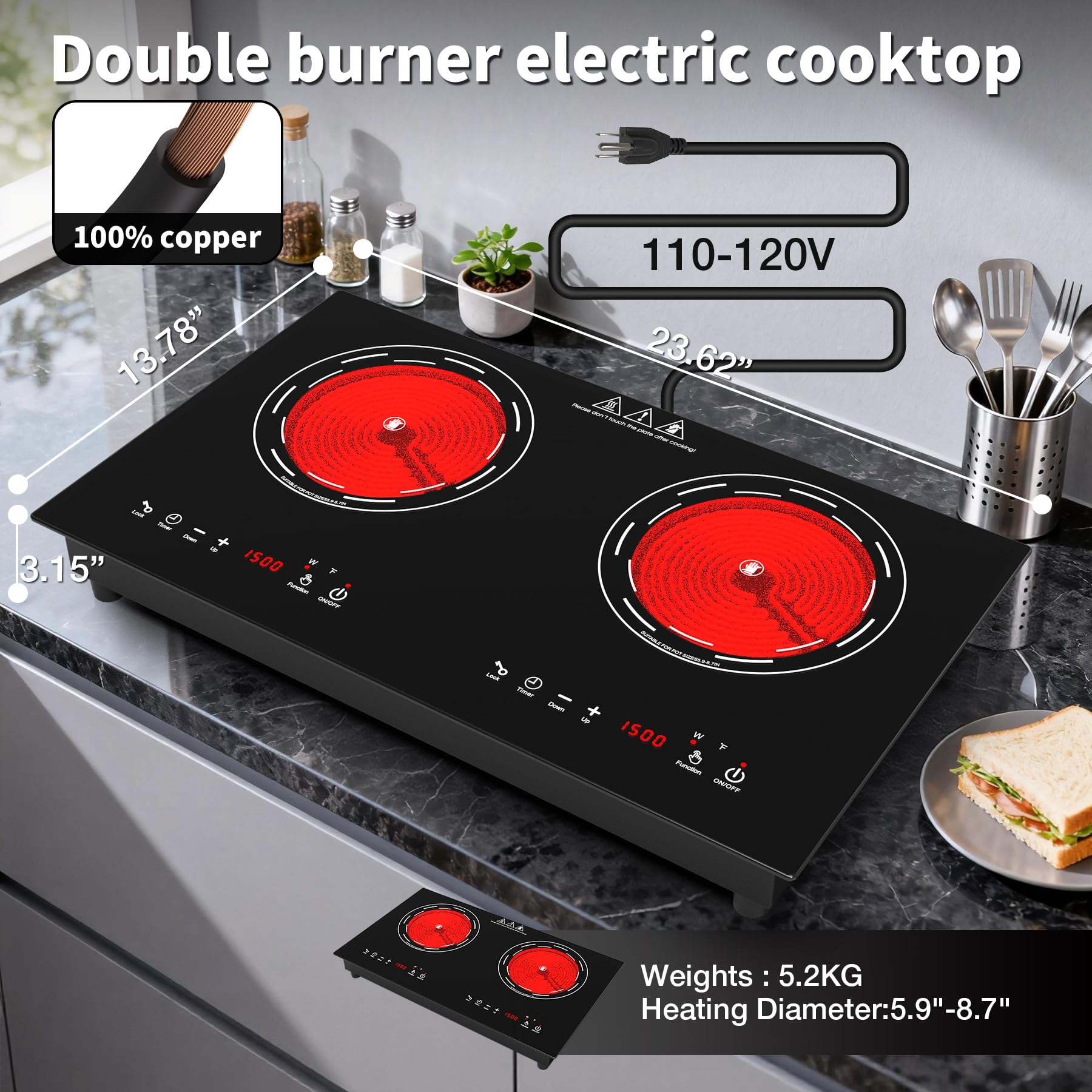 VBGK 24 Inch Electric Cooktop 110V 3000W 2 Burner Stove Top with Dual Heating Zones for Home Kitchen