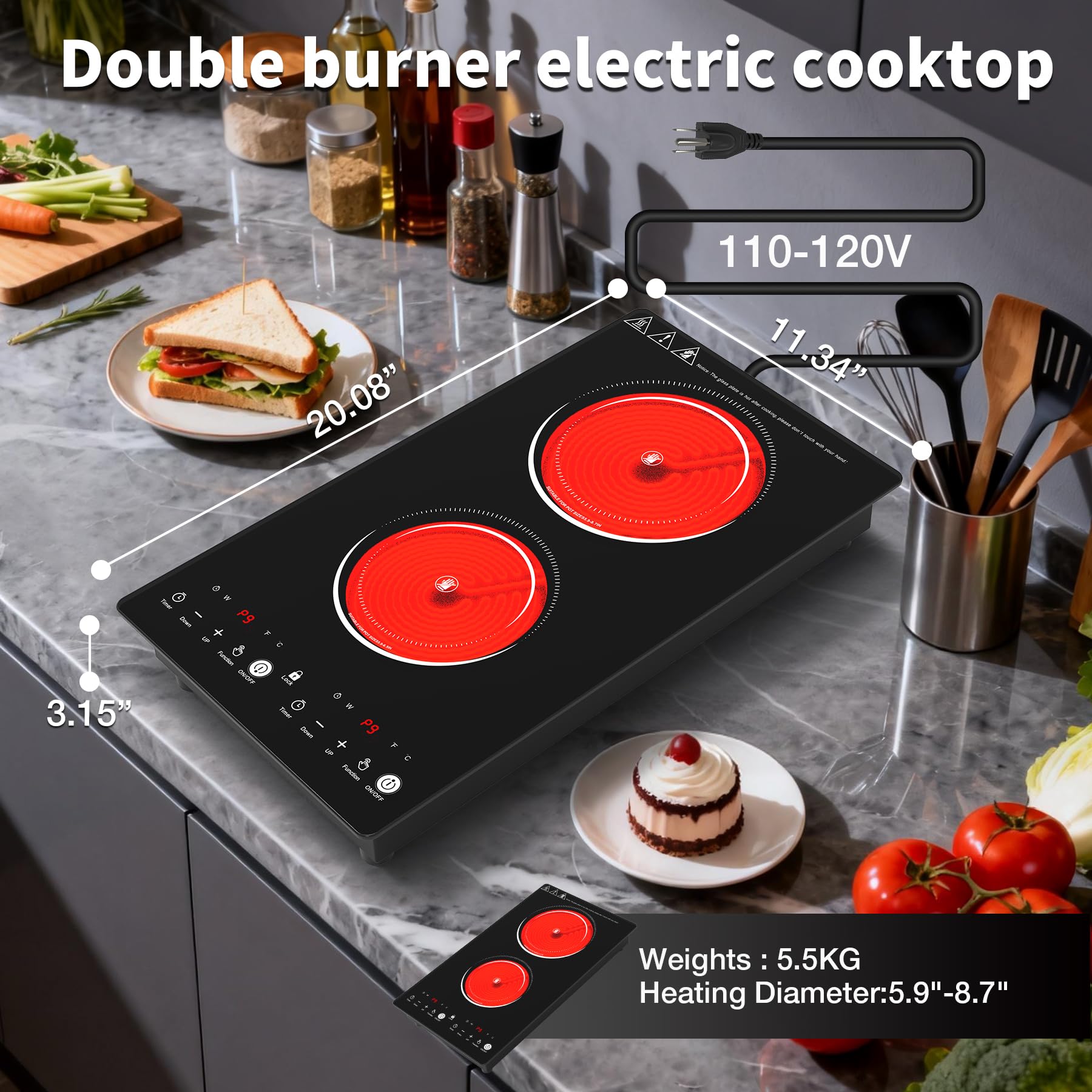 VBGK Electric Cooktop,110V 2100W Electric Stove Top,12 Inch 2 Burner Cooktop