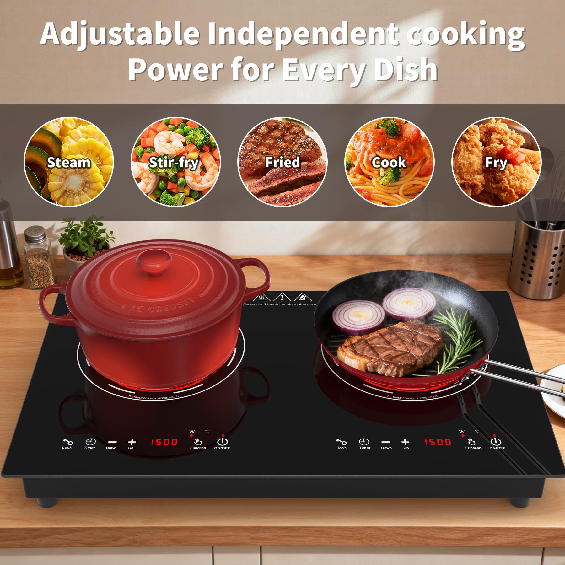 VBGK 24 Inch Electric Cooktop 110V 3000W 2 Burner Stove Top with Dual Heating Zones for Home Kitchen