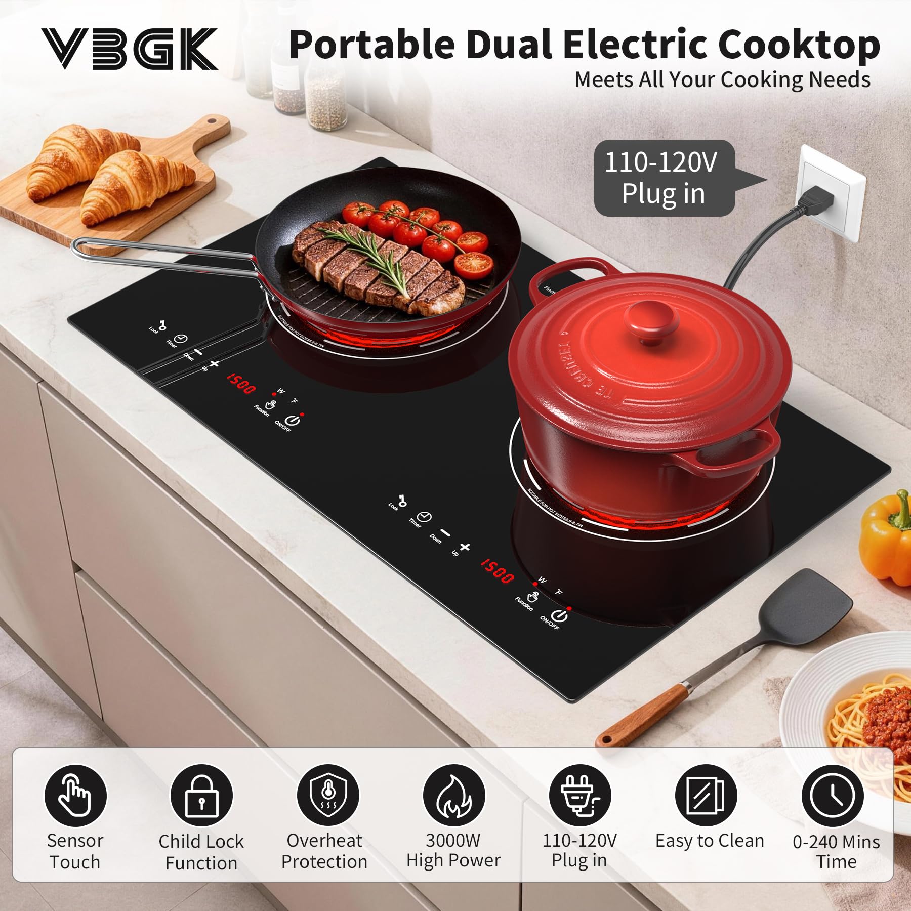 VBGK 24 Inch Electric Cooktop 110V 3000W 2 Burner Stove Top with Dual Heating Zones for Home Kitchen