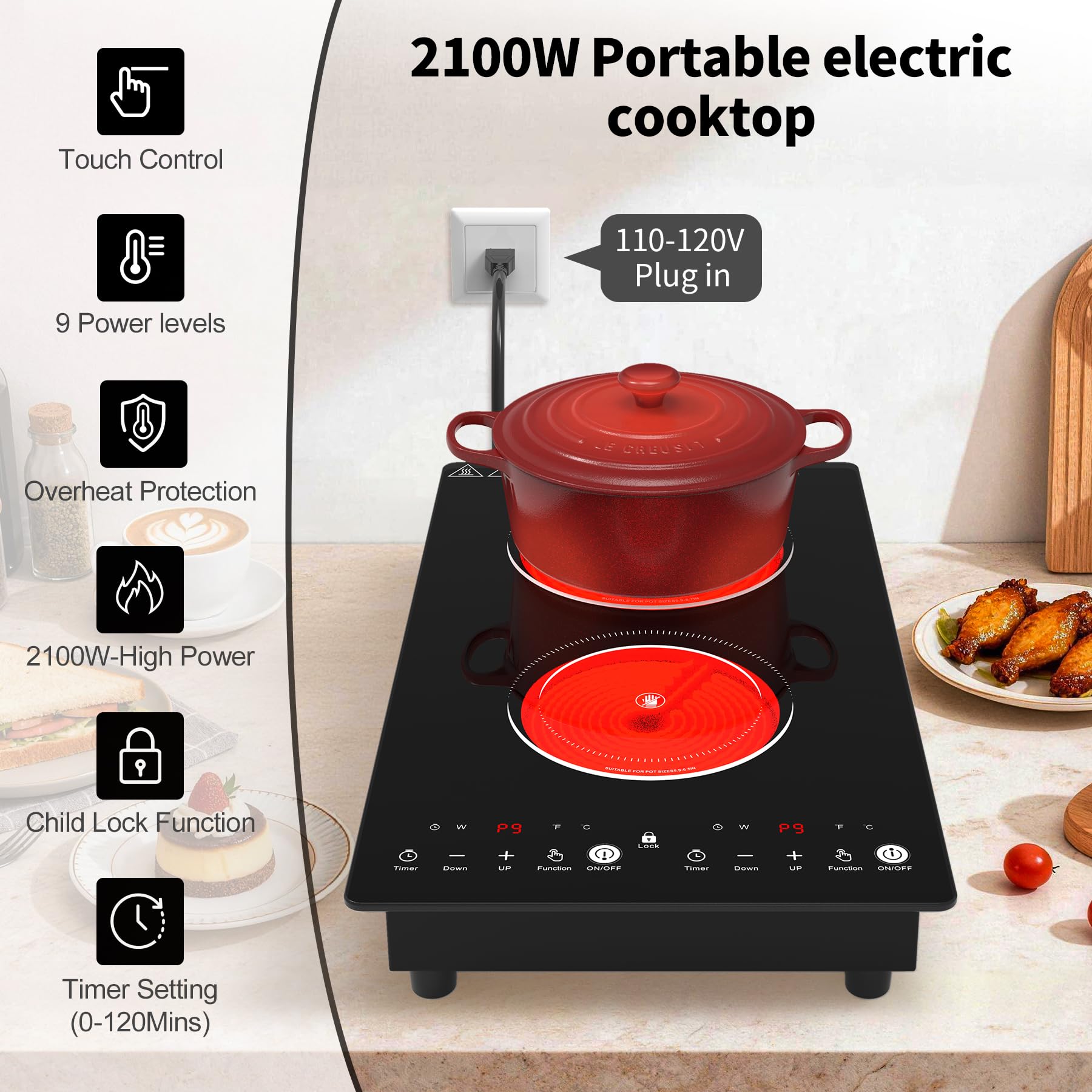 VBGK Electric Cooktop,110V 2100W Electric Stove Top,12 Inch 2 Burner Cooktop
