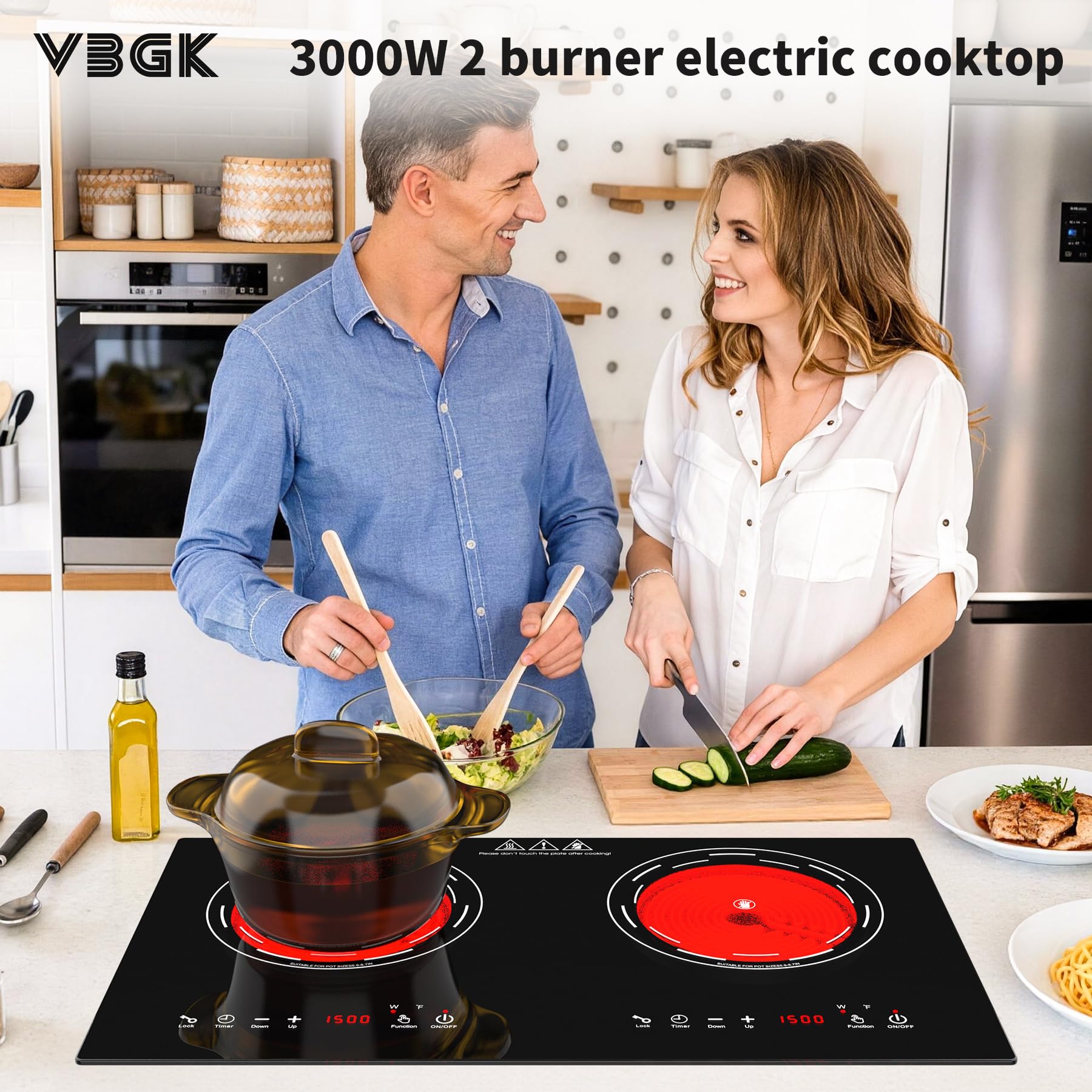 VBGK 24 Inch Electric Cooktop 110V 3000W 2 Burner Stove Top with Dual Heating Zones for Home Kitchen
