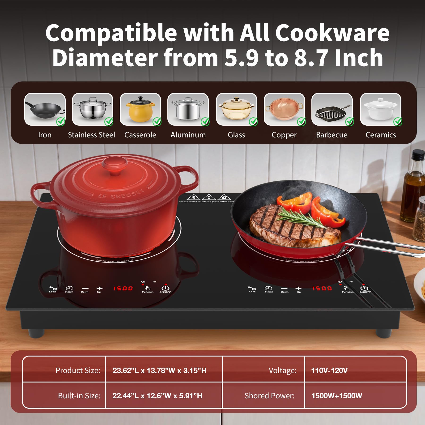 VBGK 24 Inch Electric Cooktop 110V 3000W 2 Burner Stove Top with Dual Heating Zones for Home Kitchen