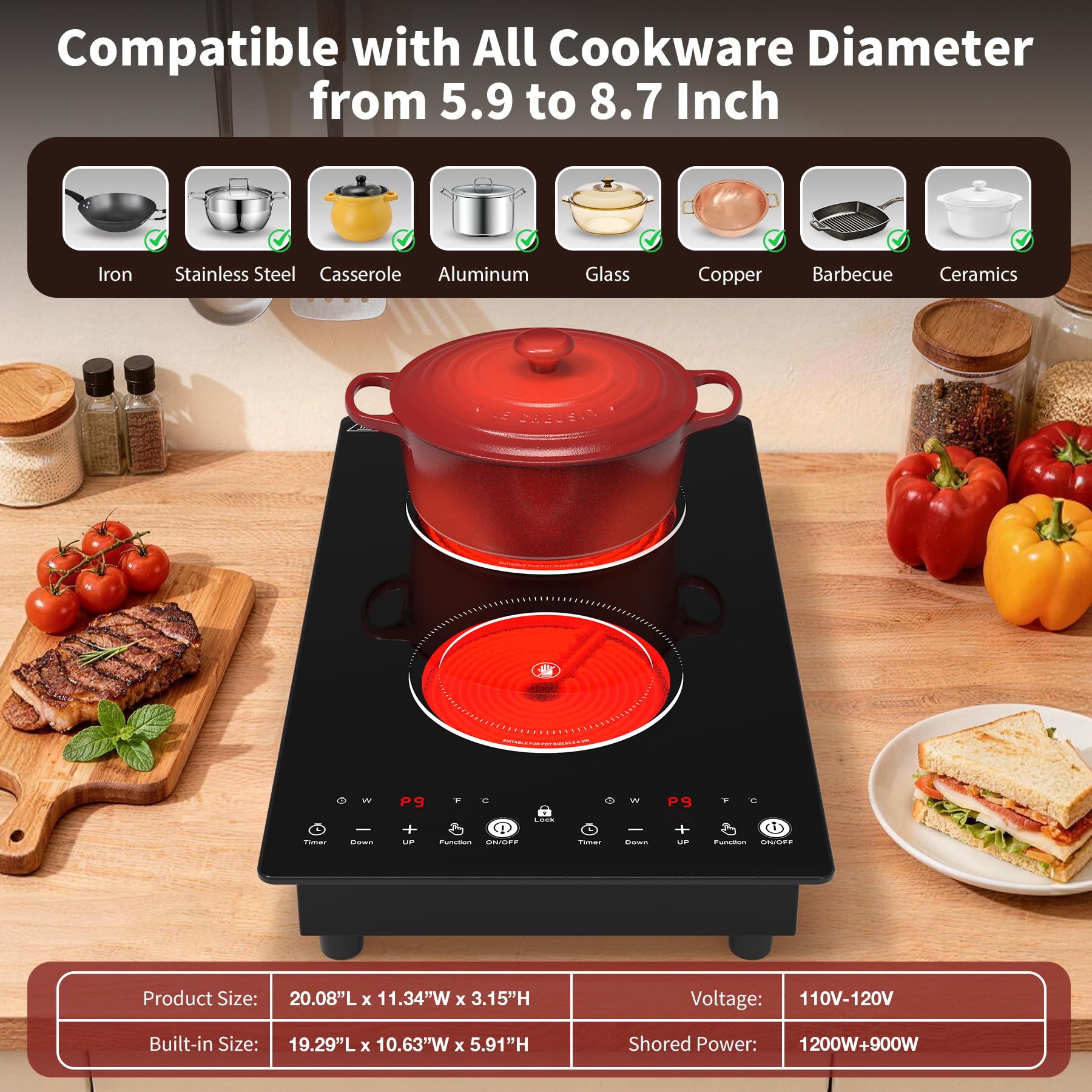 VBGK Electric Cooktop,110V 2100W Electric Stove Top,12 Inch 2 Burner Cooktop