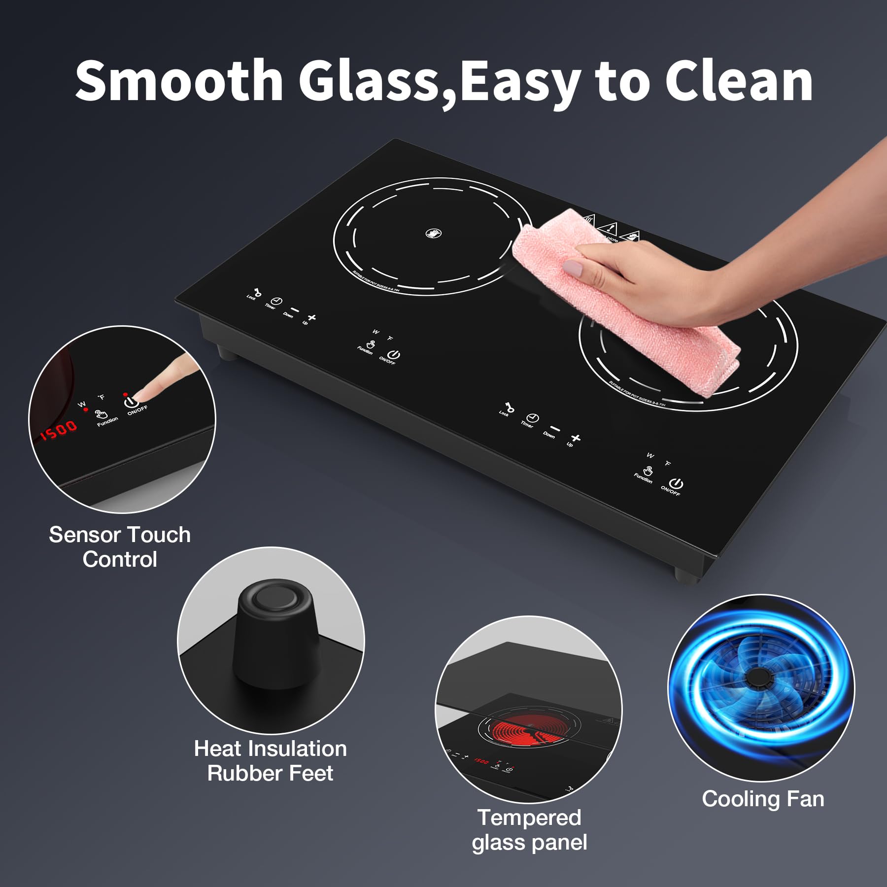VBGK 24 Inch Electric Cooktop 110V 3000W 2 Burner Stove Top with Dual Heating Zones for Home Kitchen