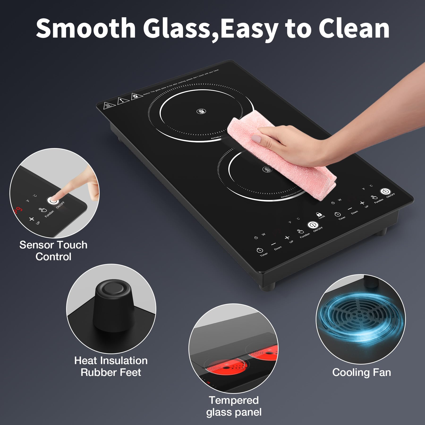 VBGK Electric Cooktop,110V 2100W Electric Stove Top,12 Inch 2 Burner Cooktop