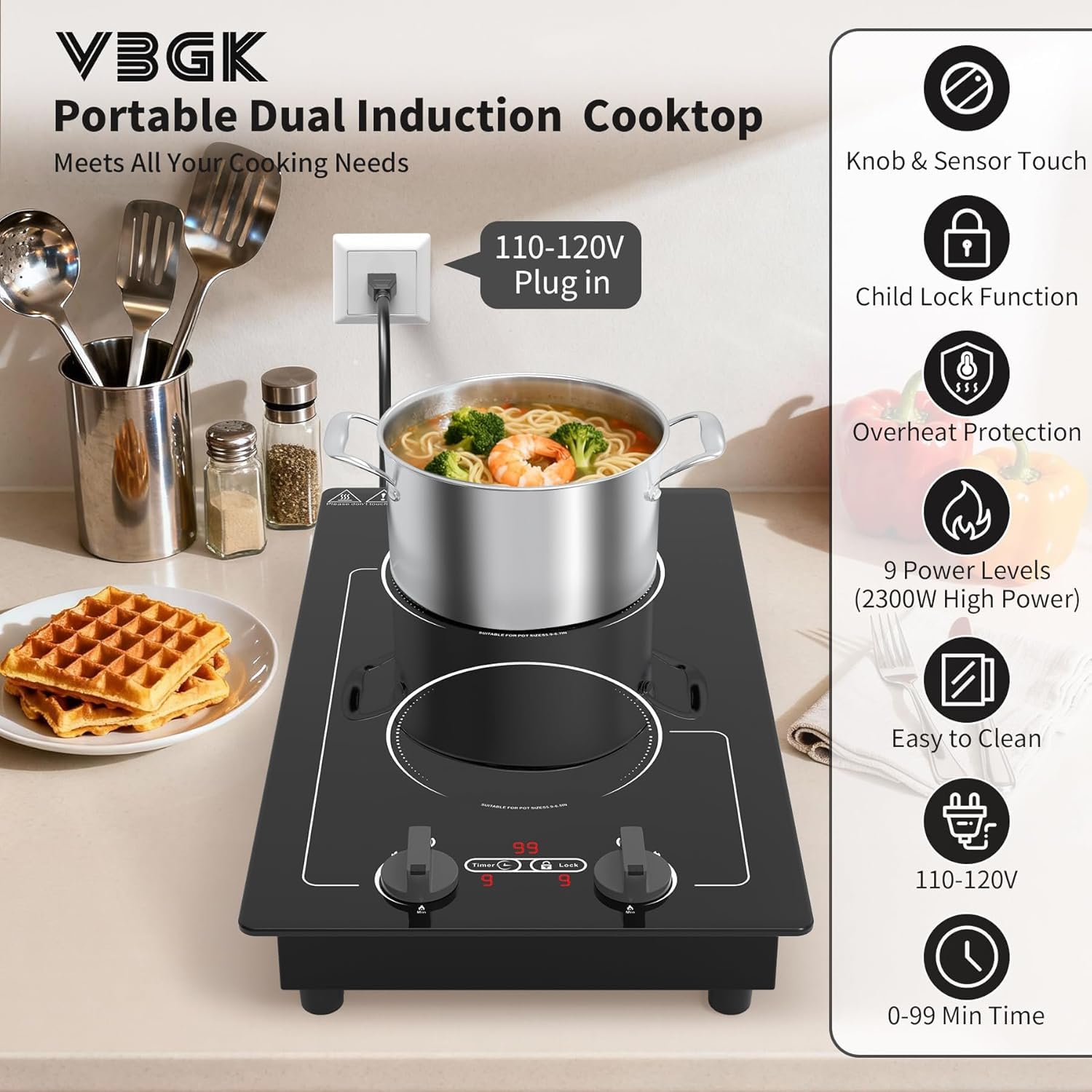 VBGK 2 Burner Induction Cooktop,110V 2300W Double Induction Cooktop