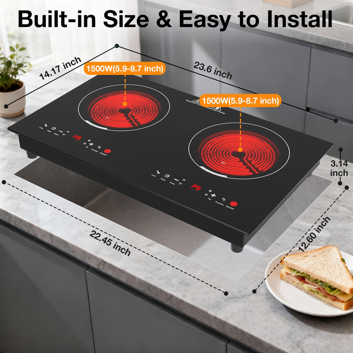 VBGK 24 Inch 2 Burner Electric Cooktop, 110V 3000W Ceramic Stove Top with Infrared Heating, Child Lock & Timer for RV Apartment Kitchen