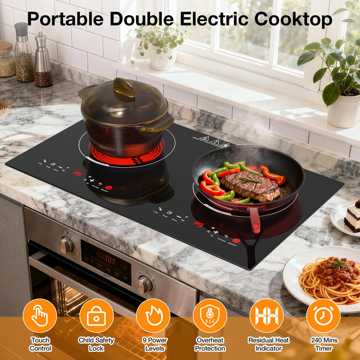 VBGK 24 Inch 2 Burner Electric Cooktop, 110V 3000W Ceramic Stove Top with Infrared Heating, Child Lock & Timer for RV Apartment Kitchen