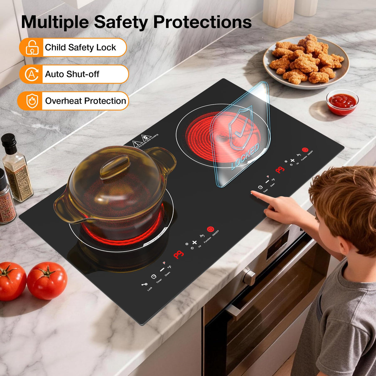 VBGK 24 Inch 2 Burner Electric Cooktop, 110V 3000W Ceramic Stove Top with Infrared Heating, Child Lock & Timer for RV Apartment Kitchen