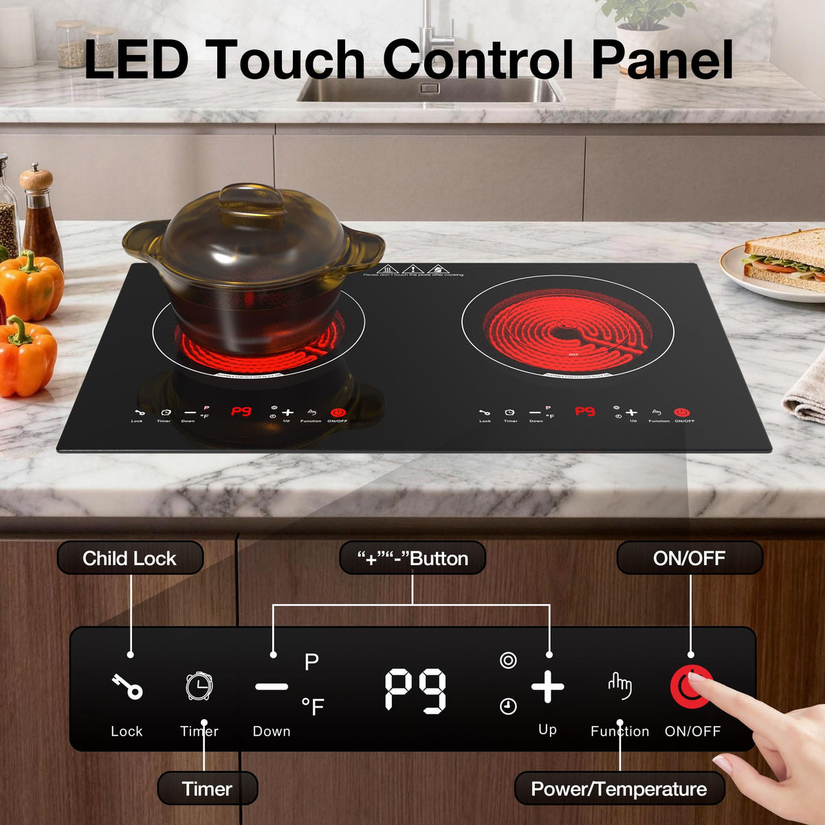 VBGK 24 Inch 2 Burner Electric Cooktop, 110V 3000W Ceramic Stove Top with Infrared Heating, Child Lock & Timer for RV Apartment Kitchen