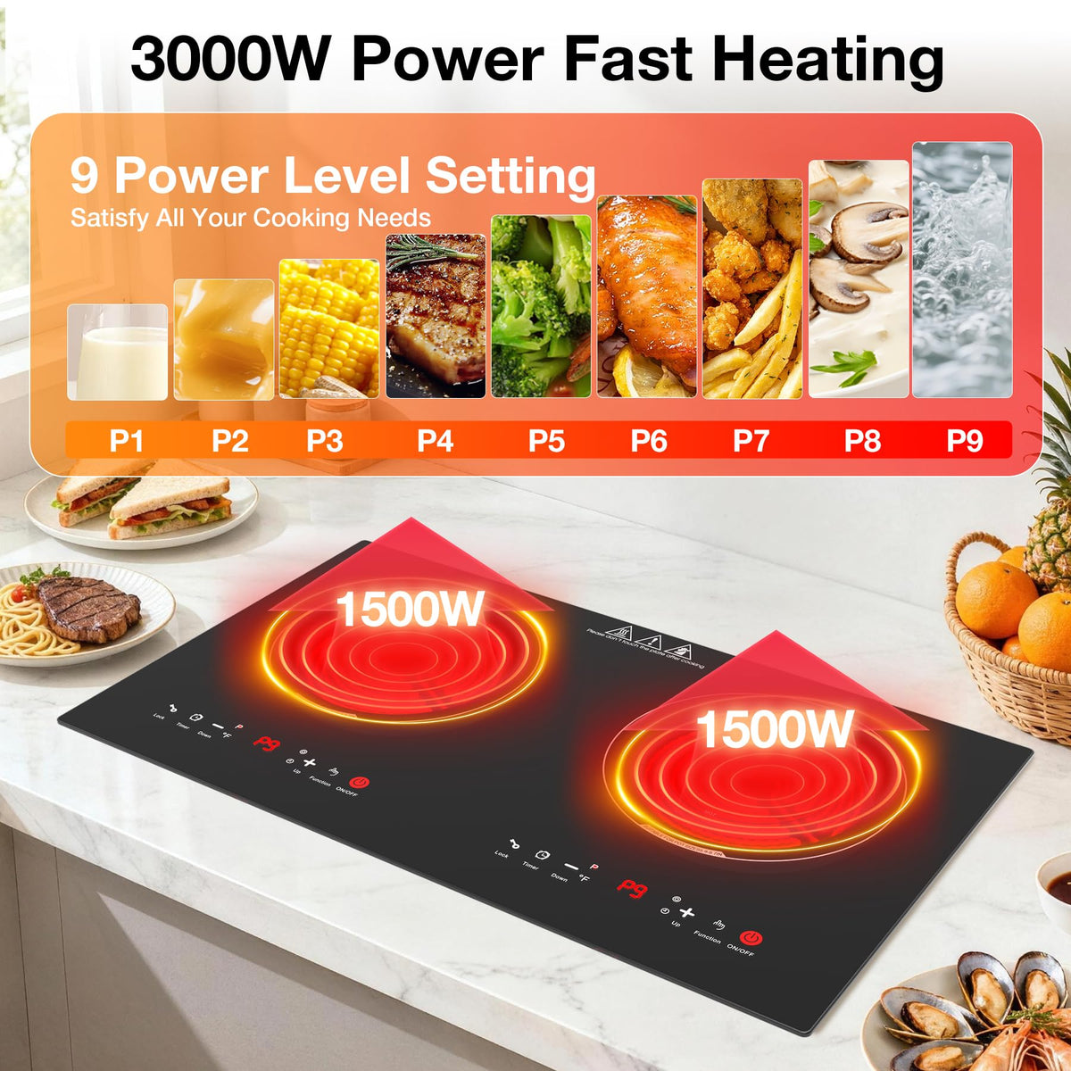 VBGK 24 Inch 2 Burner Electric Cooktop, 110V 3000W Ceramic Stove Top with Infrared Heating, Child Lock & Timer for RV Apartment Kitchen