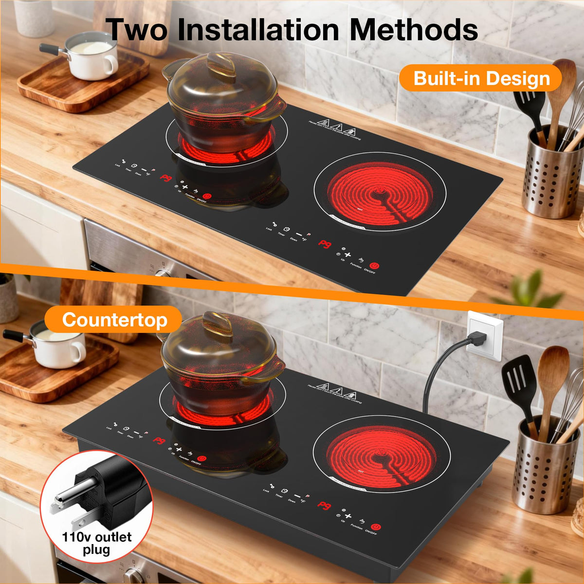 VBGK 24 Inch 2 Burner Electric Cooktop, 110V 3000W Ceramic Stove Top with Infrared Heating, Child Lock & Timer for RV Apartment Kitchen