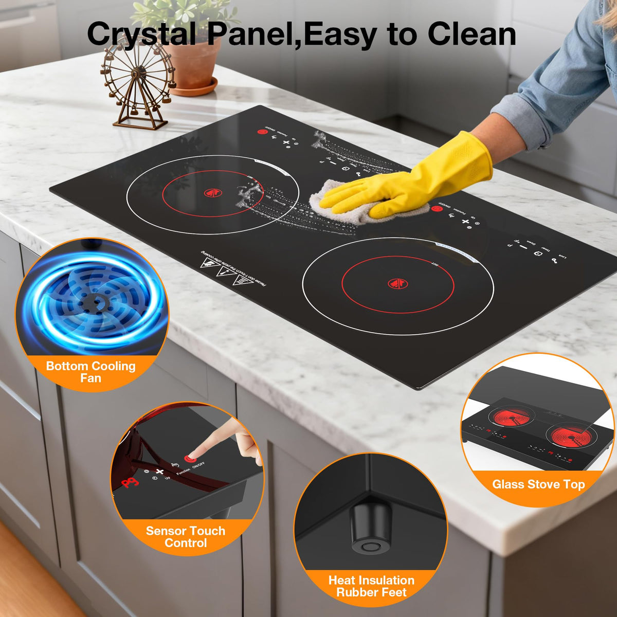 VBGK 24 Inch 2 Burner Electric Cooktop, 110V 3000W Ceramic Stove Top with Infrared Heating, Child Lock & Timer for RV Apartment Kitchen