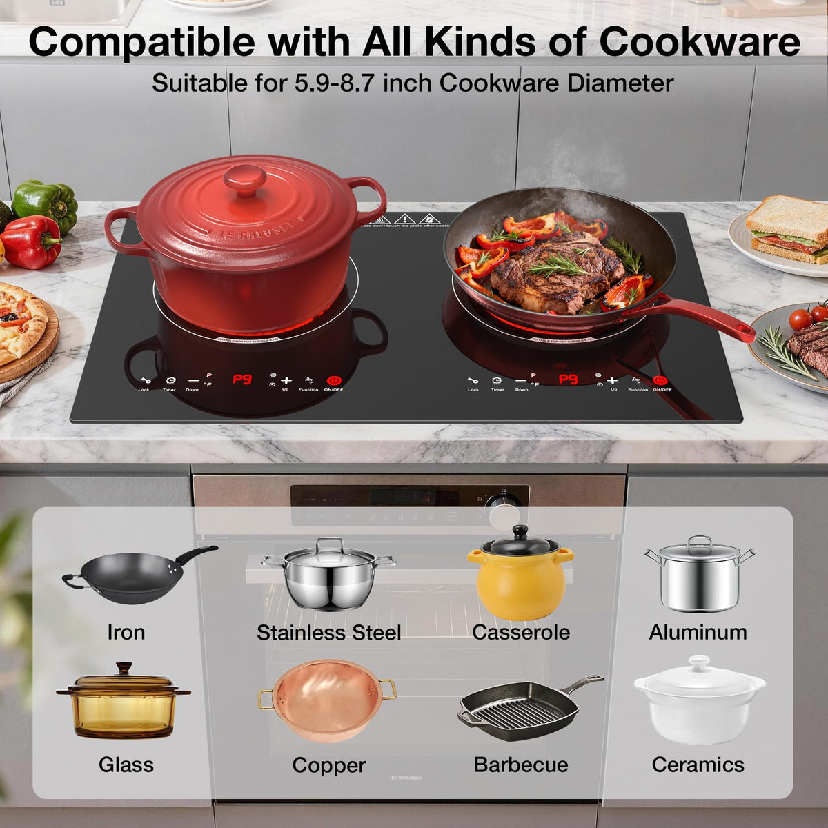 VBGK 24 Inch 2 Burner Electric Cooktop, 110V 3000W Ceramic Stove Top with Infrared Heating, Child Lock & Timer for RV Apartment Kitchen
