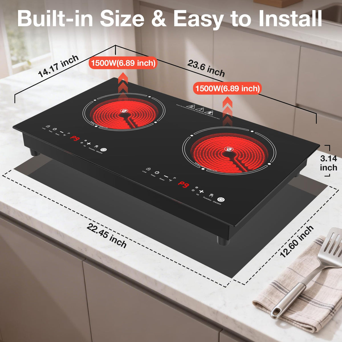 VBGK 2 Burner Electric Cooktop 24 Inch, 110V 3000W Ceramic Glass Stove Top with Touch Control for Home Kitchen Cooking