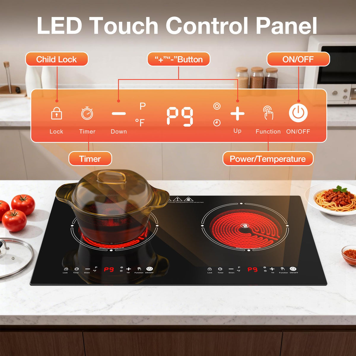 VBGK 2 Burner Electric Cooktop 24 Inch, 110V 3000W Ceramic Glass Stove Top with Touch Control for Home Kitchen Cooking