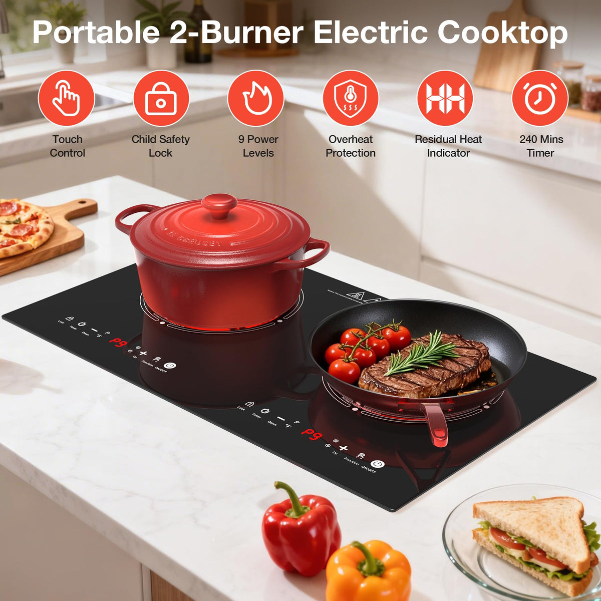 VBGK 2 Burner Electric Cooktop 24 Inch, 110V 3000W Ceramic Glass Stove Top with Touch Control for Home Kitchen Cooking