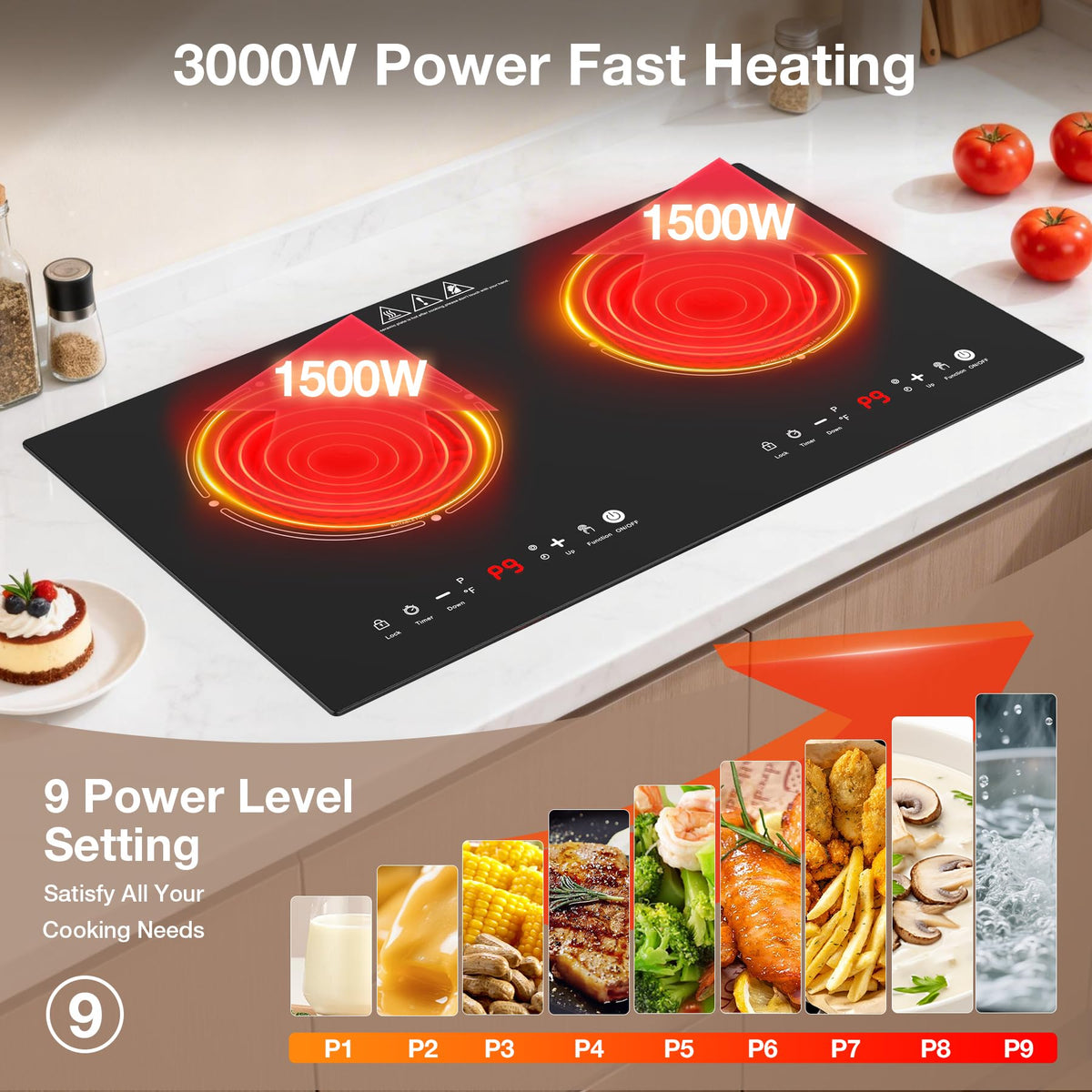 VBGK 2 Burner Electric Cooktop 24 Inch, 110V 3000W Ceramic Glass Stove Top with Touch Control for Home Kitchen Cooking