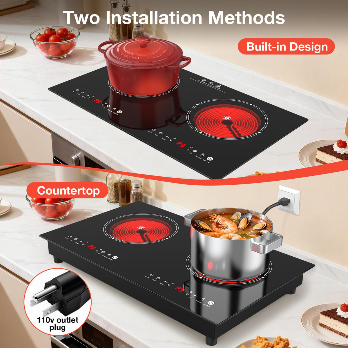 VBGK 2 Burner Electric Cooktop 24 Inch, 110V 3000W Ceramic Glass Stove Top with Touch Control for Home Kitchen Cooking