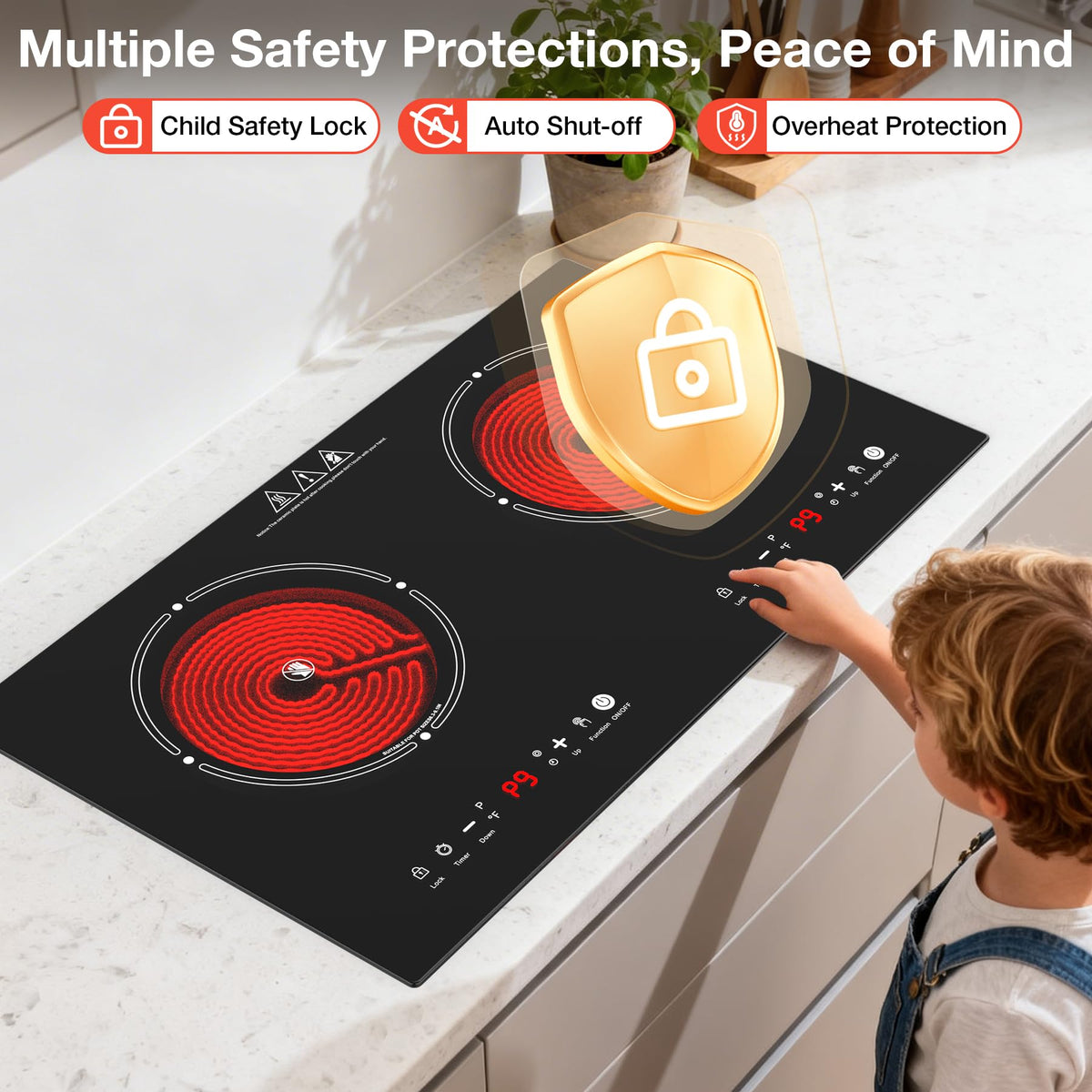 VBGK 2 Burner Electric Cooktop 24 Inch, 110V 3000W Ceramic Glass Stove Top with Touch Control for Home Kitchen Cooking