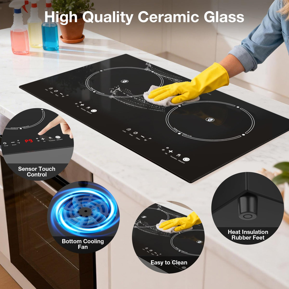 VBGK 2 Burner Electric Cooktop 24 Inch, 110V 3000W Ceramic Glass Stove Top with Touch Control for Home Kitchen Cooking