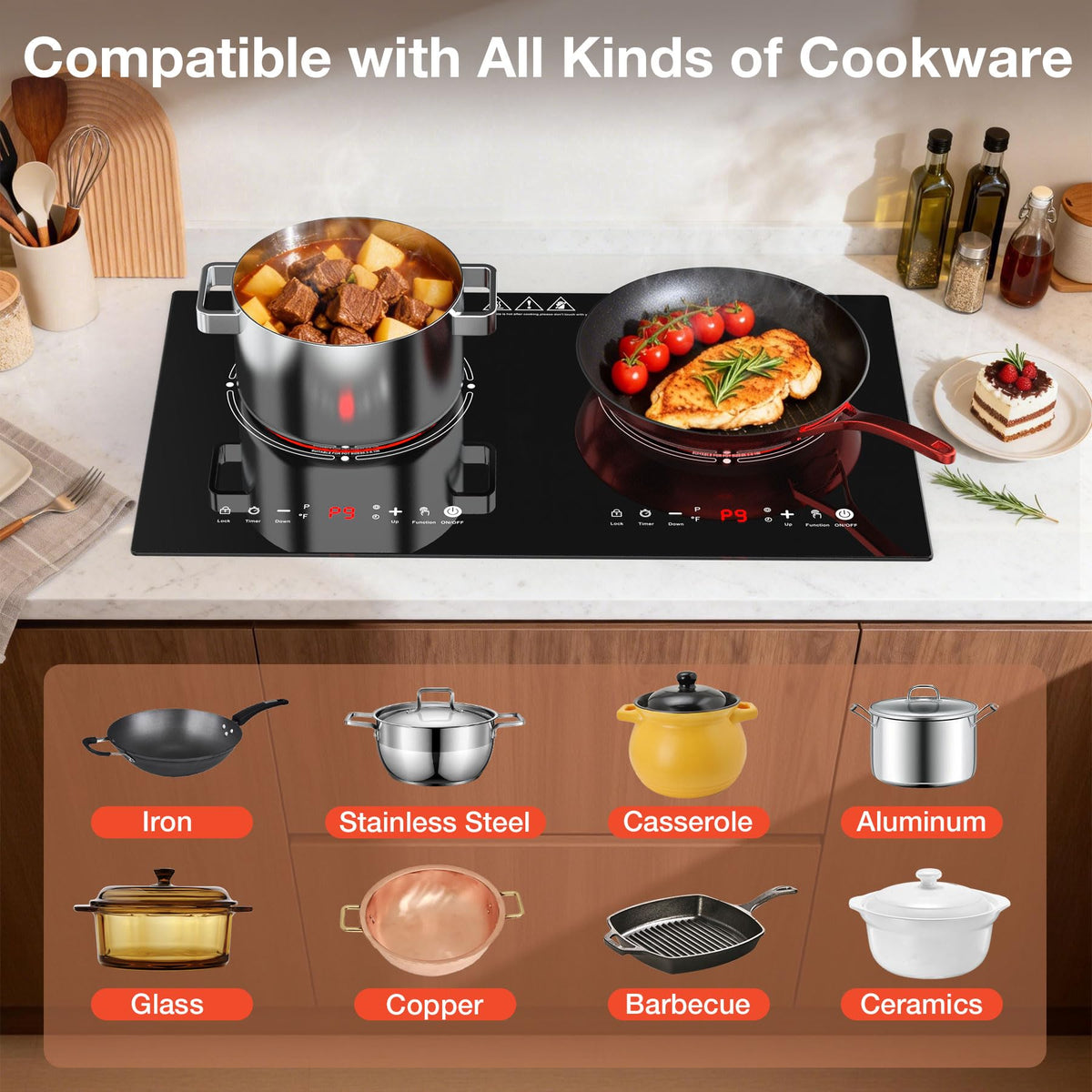 VBGK 2 Burner Electric Cooktop 24 Inch, 110V 3000W Ceramic Glass Stove Top with Touch Control for Home Kitchen Cooking