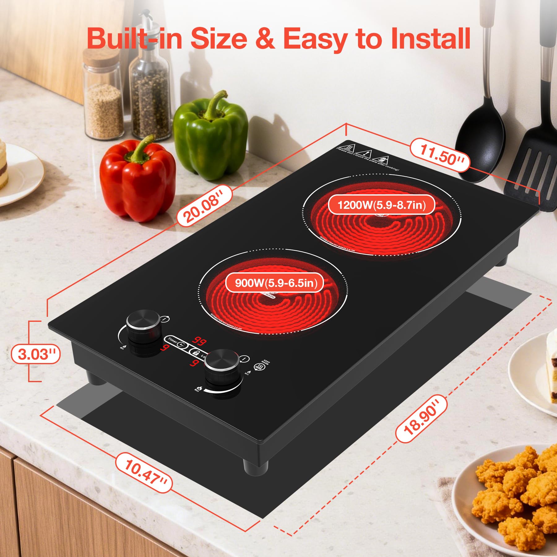 VBGK 2 Burner Electric Cooktop 110V, 12 Inch Electric Stove Top Control Countertop, Built-in Ceramic Cooktop