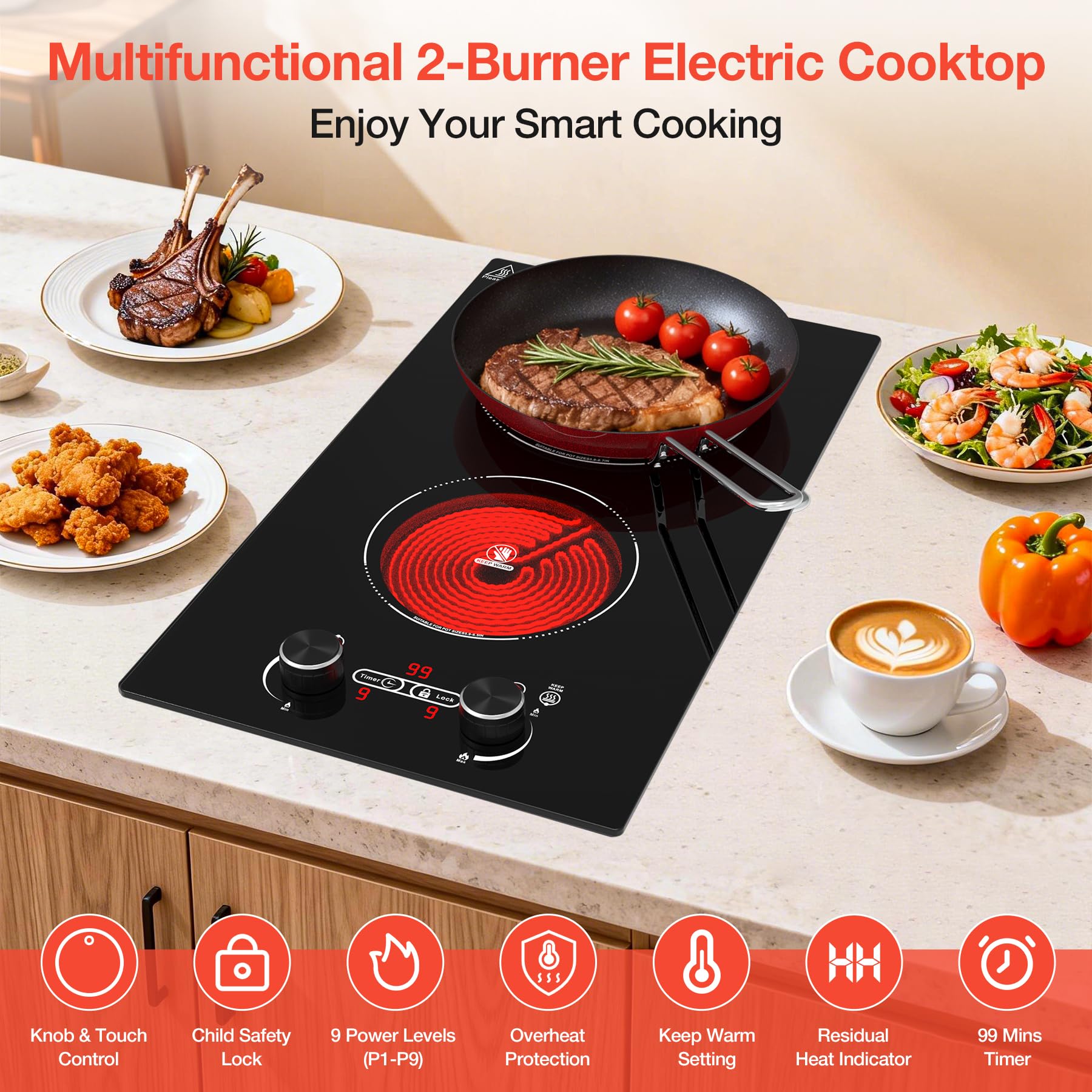 VBGK 2 Burner Electric Cooktop 110V, 12 Inch Electric Stove Top Control Countertop, Built-in Ceramic Cooktop