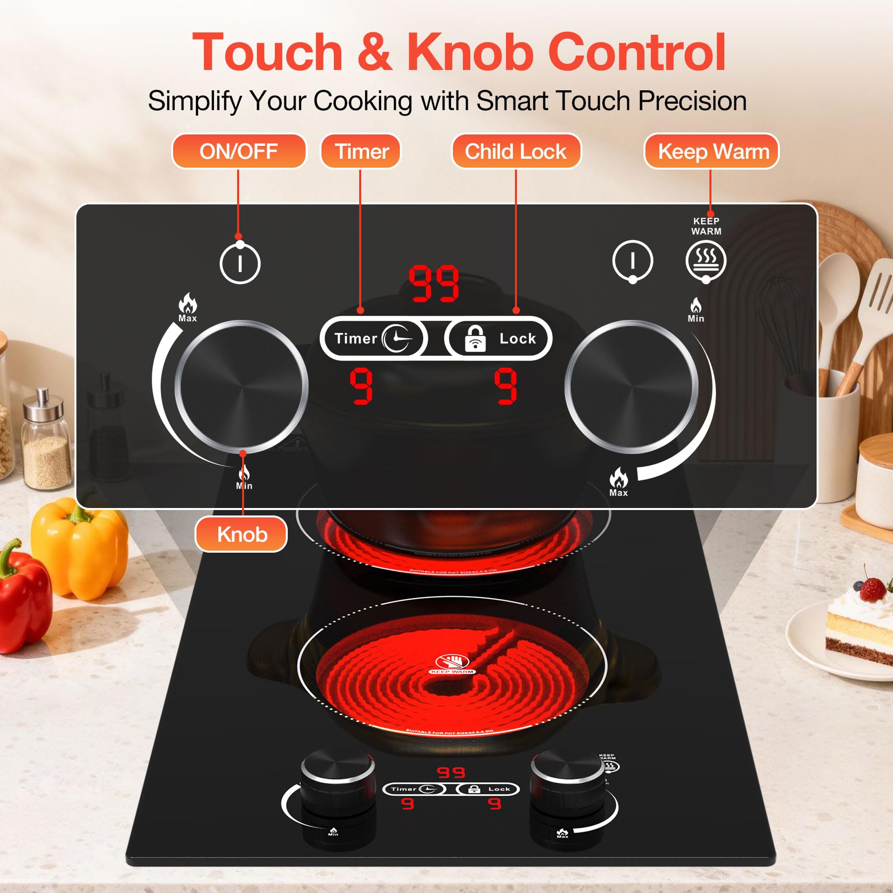 VBGK 2 Burner Electric Cooktop 110V, 12 Inch Electric Stove Top Control Countertop, Built-in Ceramic Cooktop