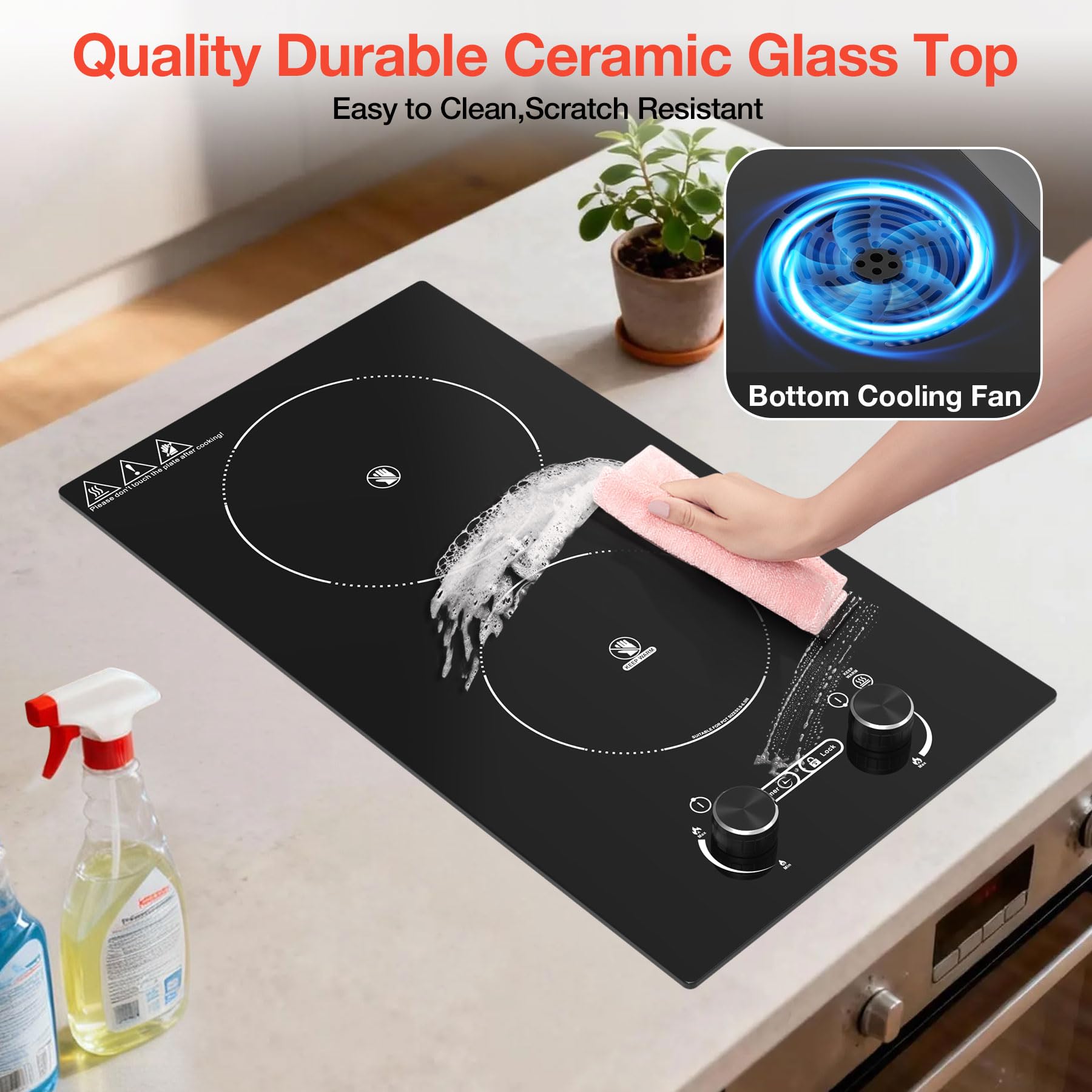 VBGK 2 Burner Electric Cooktop 110V, 12 Inch Electric Stove Top Control Countertop, Built-in Ceramic Cooktop