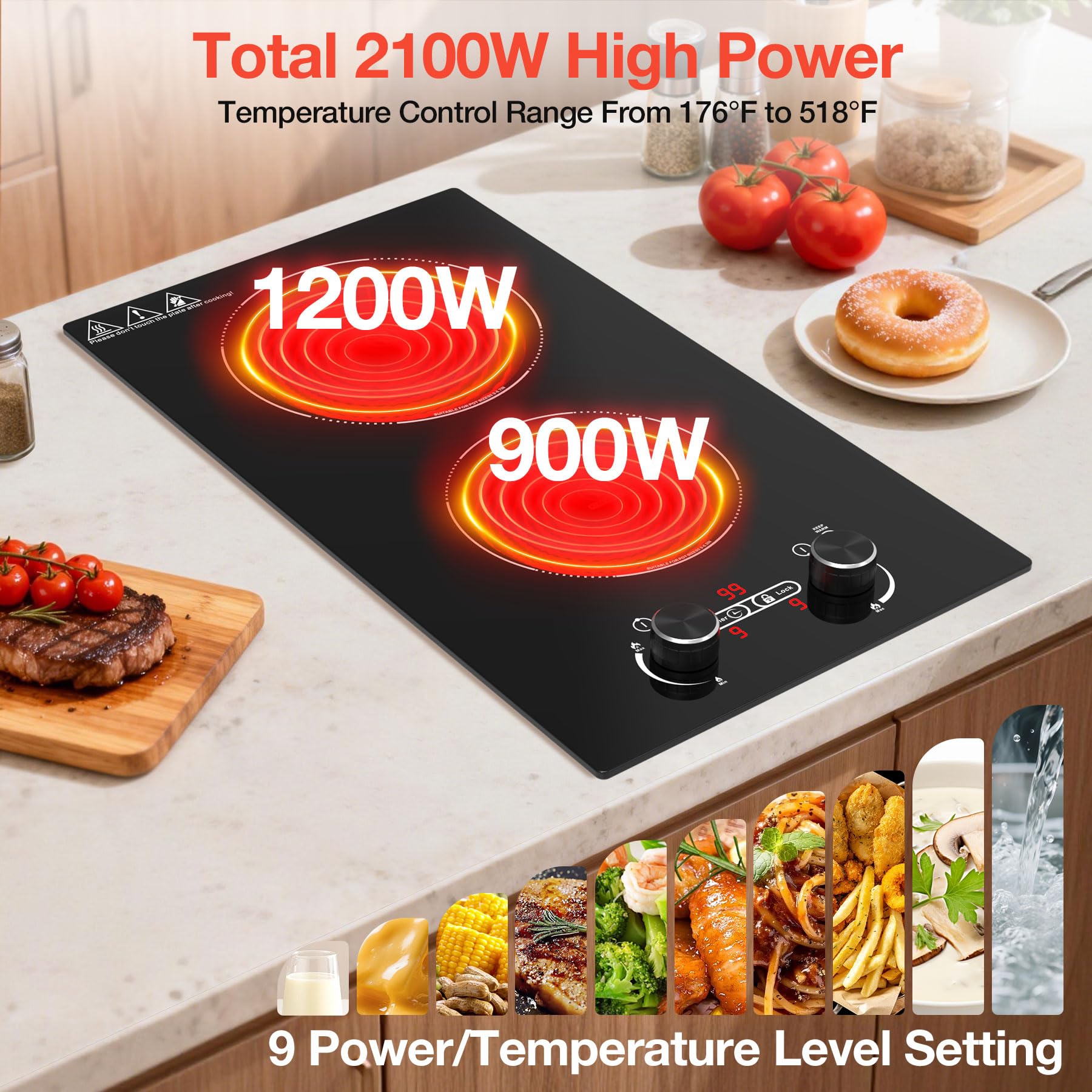 VBGK 2 Burner Electric Cooktop 110V, 12 Inch Electric Stove Top Control Countertop, Built-in Ceramic Cooktop