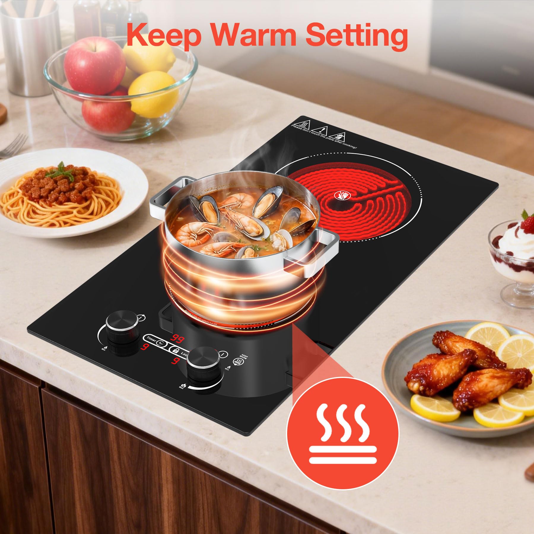 VBGK 2 Burner Electric Cooktop 110V, 12 Inch Electric Stove Top Control Countertop, Built-in Ceramic Cooktop