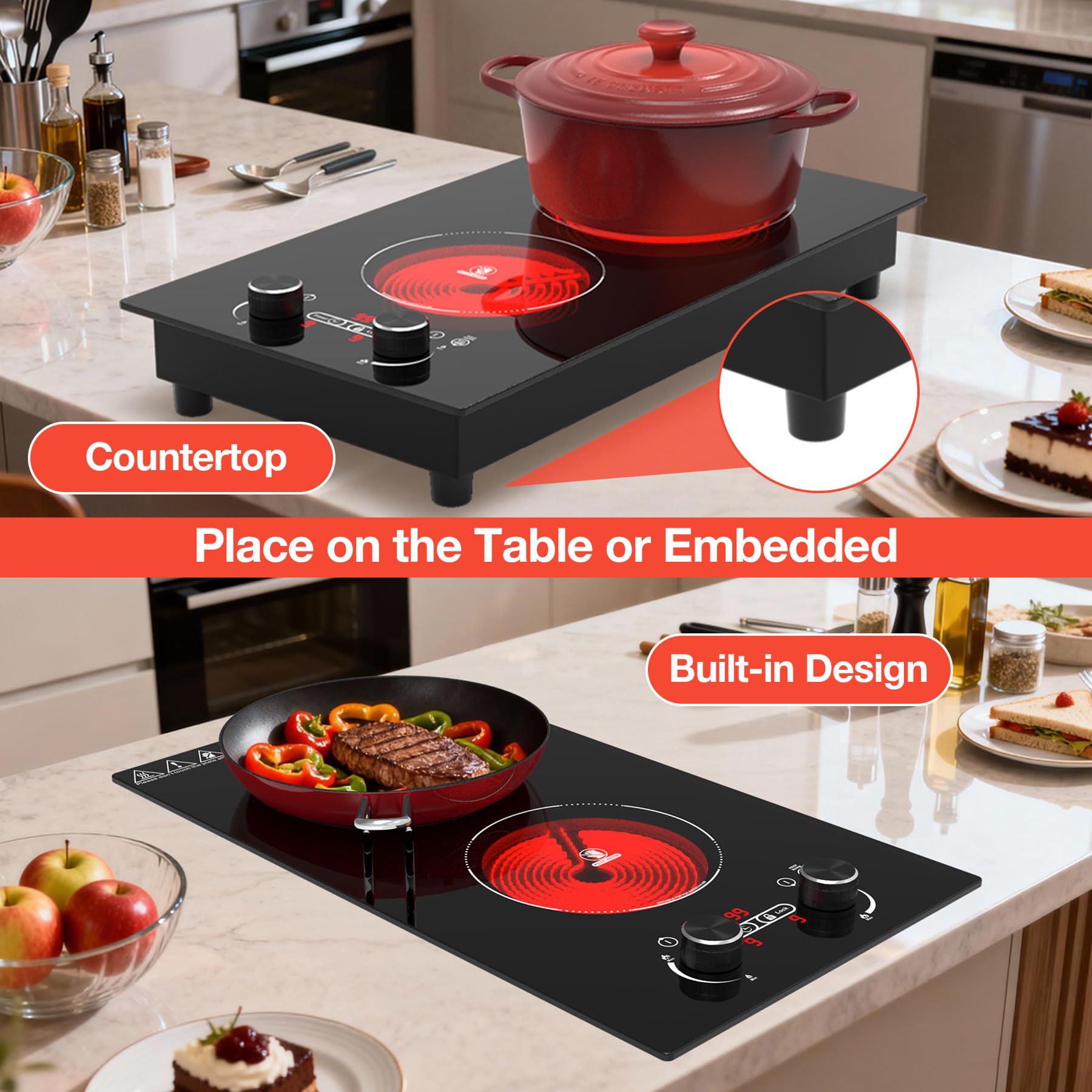 VBGK 2 Burner Electric Cooktop 110V, 12 Inch Electric Stove Top Control Countertop, Built-in Ceramic Cooktop