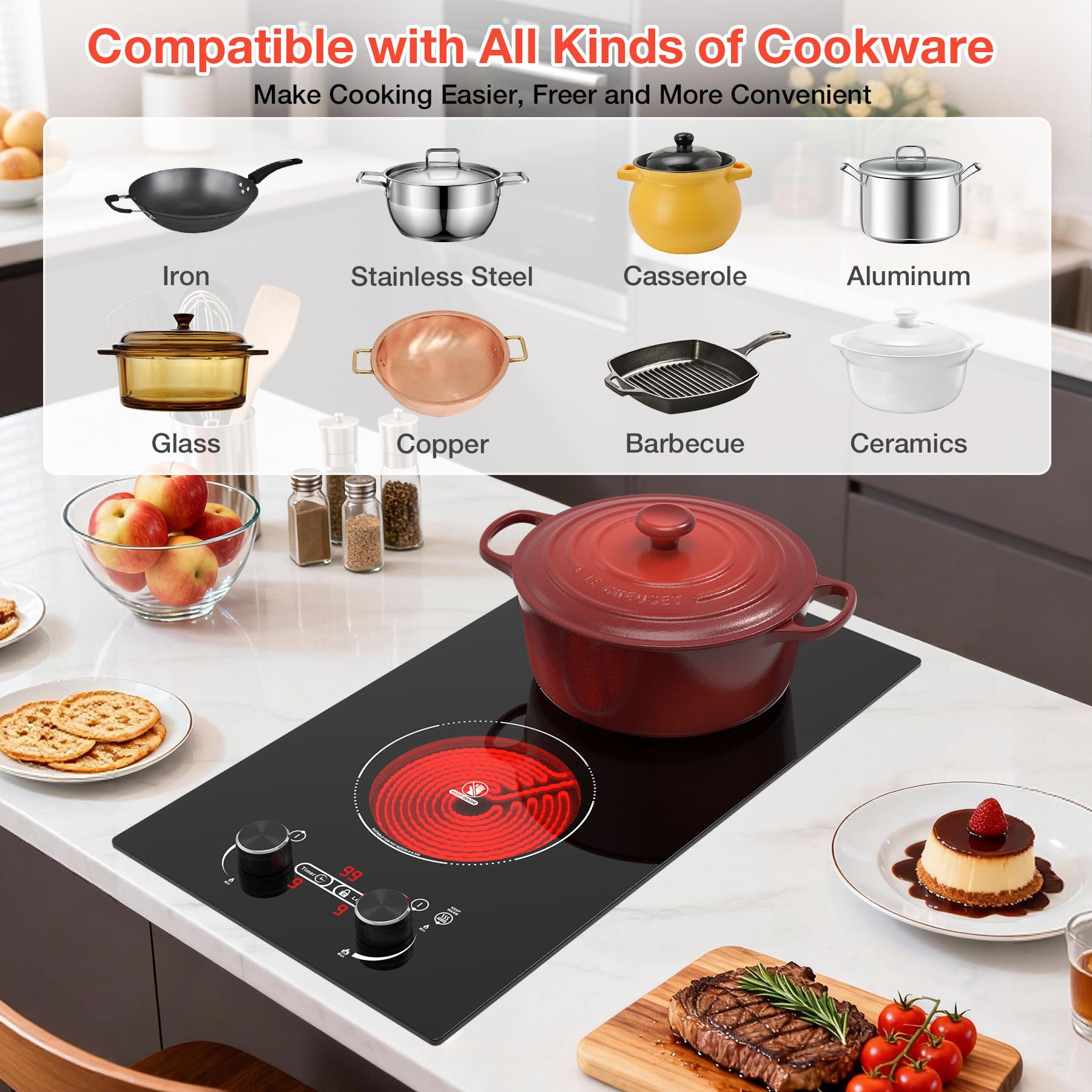 VBGK 2 Burner Electric Cooktop 110V, 12 Inch Electric Stove Top Control Countertop, Built-in Ceramic Cooktop