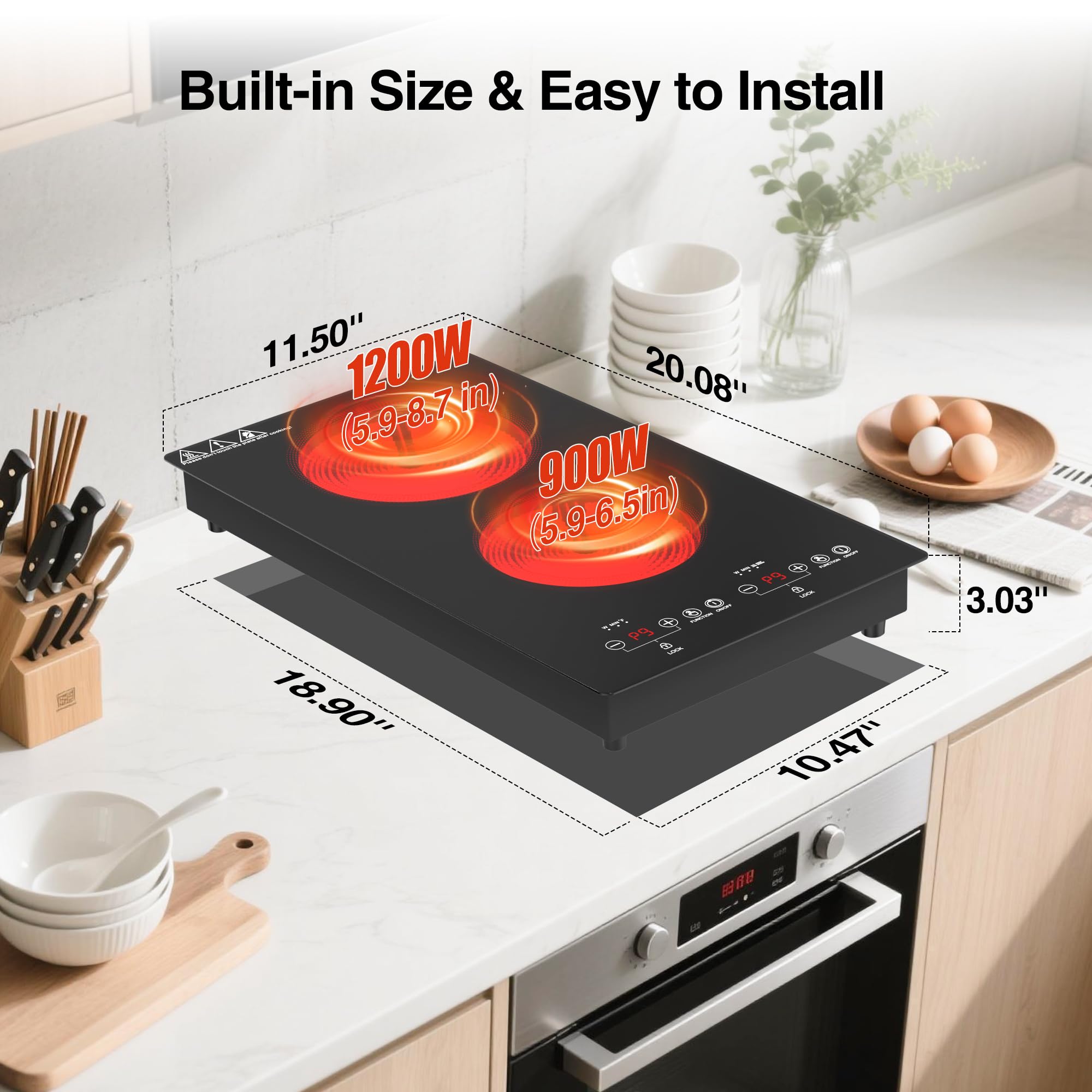 VBGK Electric Cooktop 2 Burners 110V, 12 Inch Electric Stove Top Hot Plate, Countertop Built-in Ceramic Cooktop