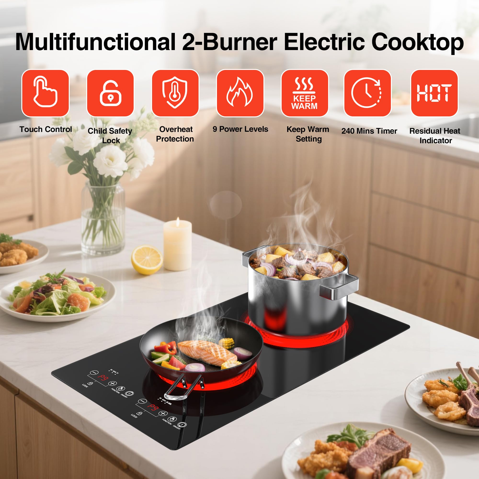 VBGK Electric Cooktop 2 Burners 110V, 12 Inch Electric Stove Top Hot Plate, Countertop Built-in Ceramic Cooktop
