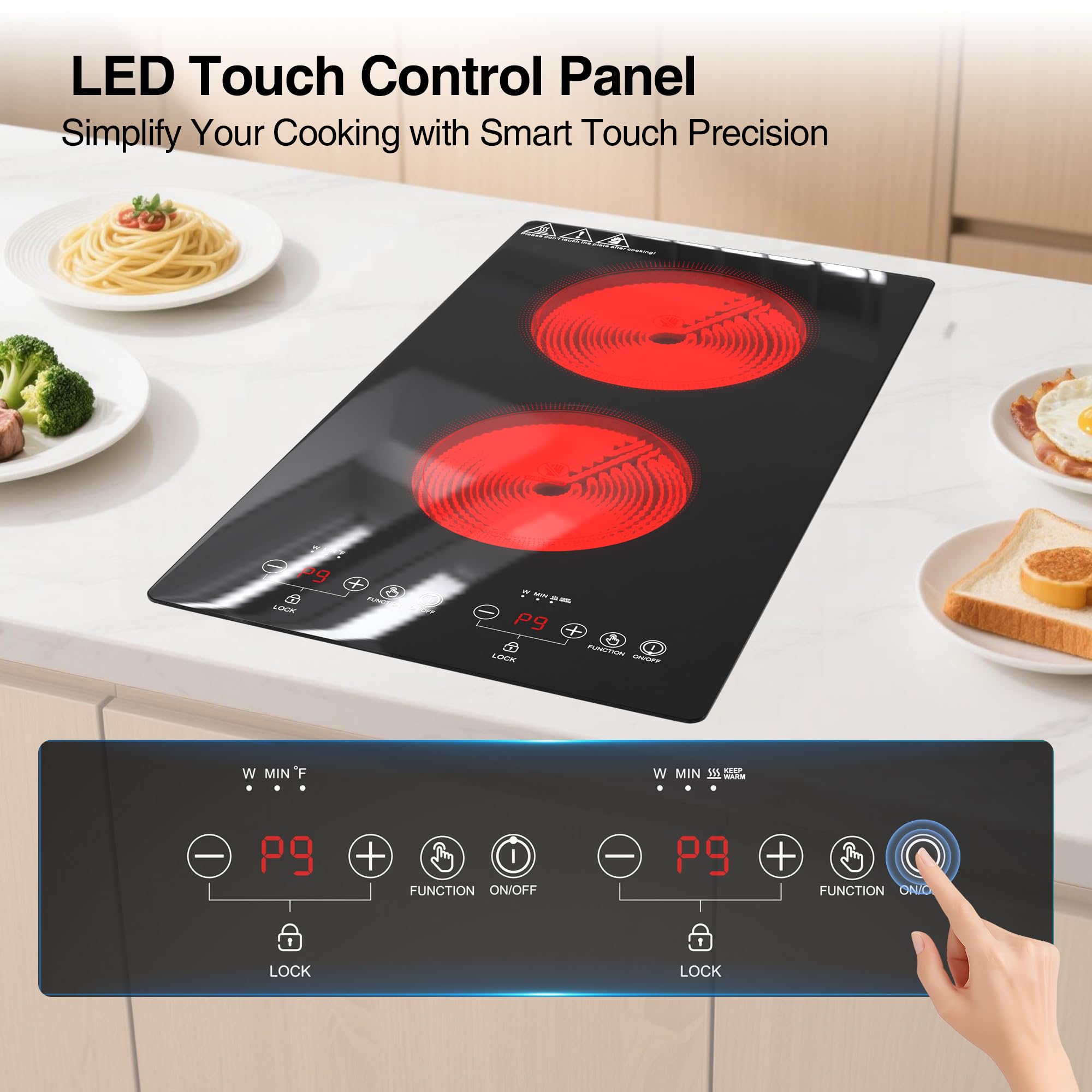 VBGK Electric Cooktop 2 Burners 110V, 12 Inch Electric Stove Top Hot Plate, Countertop Built-in Ceramic Cooktop