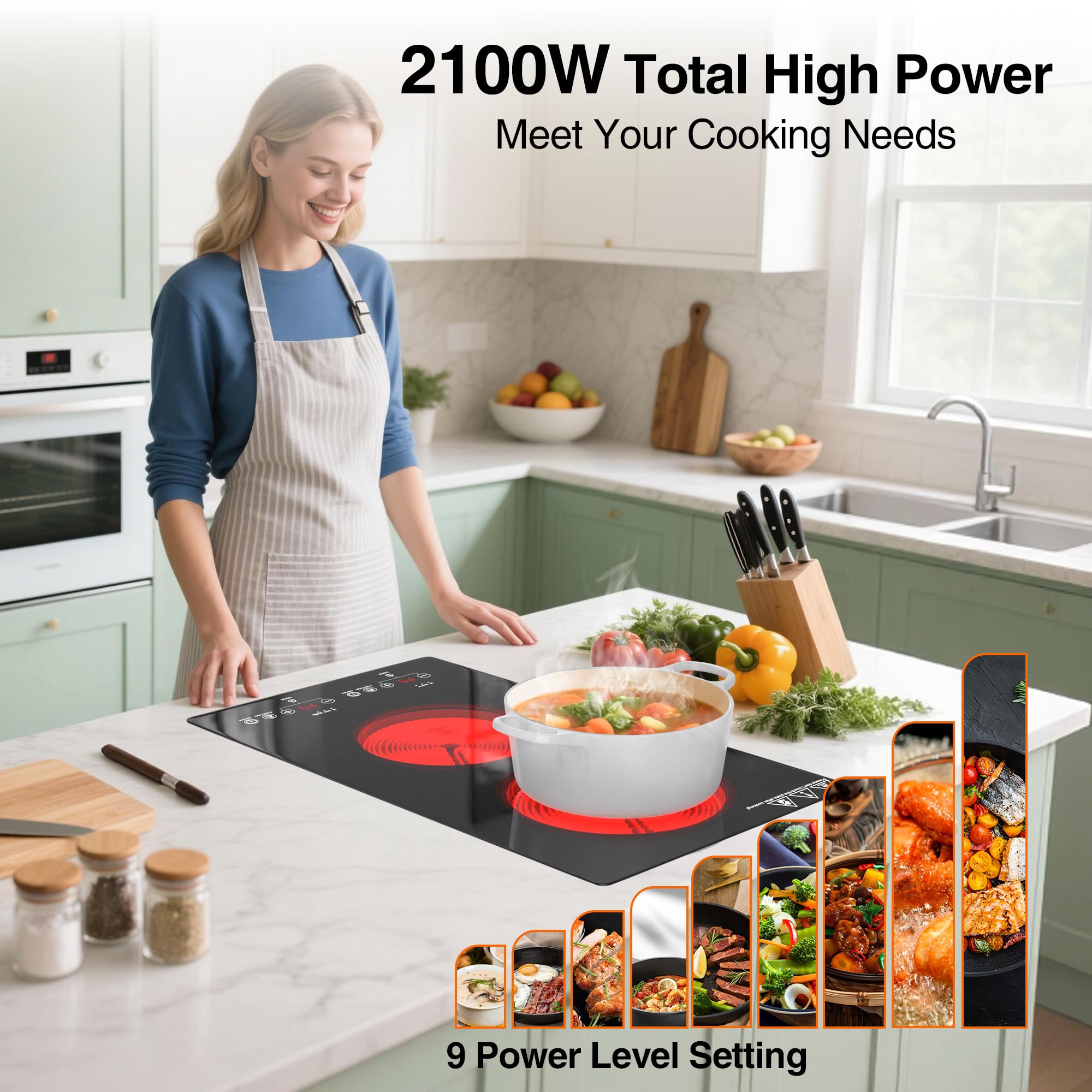 VBGK Electric Cooktop 2 Burners 110V, 12 Inch Electric Stove Top Hot Plate, Countertop Built-in Ceramic Cooktop