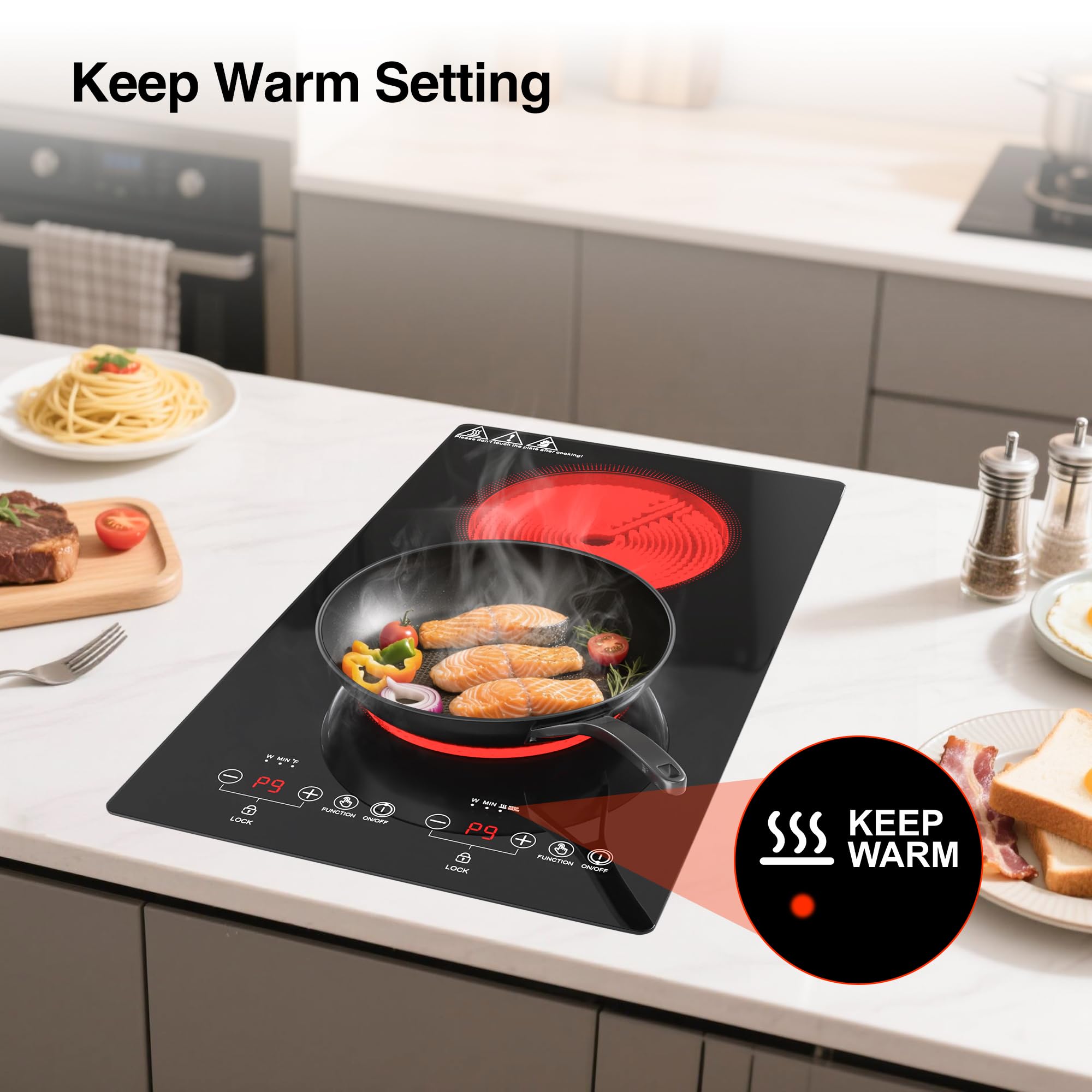 VBGK Electric Cooktop 2 Burners 110V, 12 Inch Electric Stove Top Hot Plate, Countertop Built-in Ceramic Cooktop